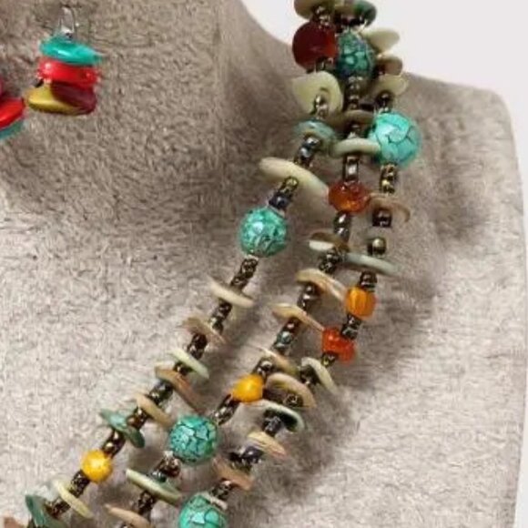 Three Strand Seashell Chips and Turquoise Stone Bead Necklace Earring Set - Picture 3 of 3